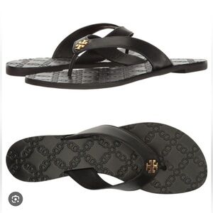 Tory Burch Monroe Black Gemini Print Leather Sandals with Gold Logo